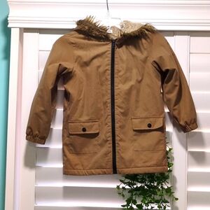 SHEIN Tan Kids Puffer Jacket with Faux Fur Hood